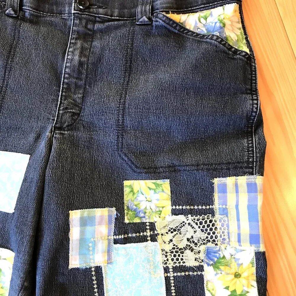 Boho Patchwork Jean Shorts Upcycled Denim Decorative Stitching Women's Size 14